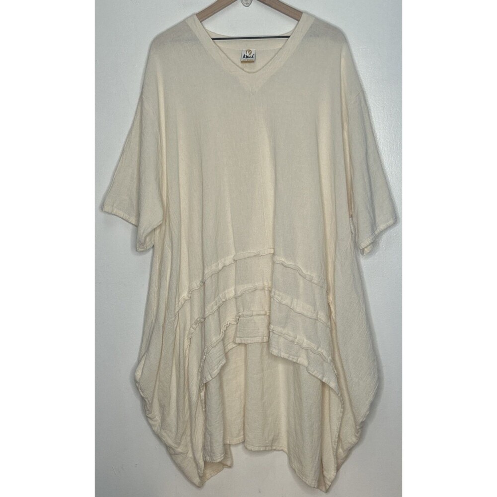 Abaca Top Algodon Cotton Lagenlook V Neck Short Sleeve Ivory OSFA One Size